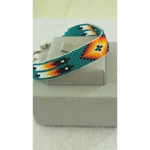 Handmade Teal Seed Bead Bracelet Eagle Feather Pattern Southwestern 6"